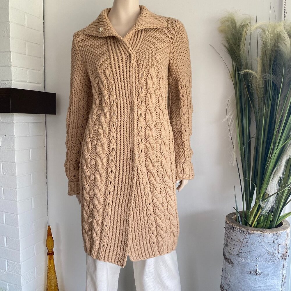 Genrty Portofino Extra Fine Wool Oversized Cable Knit Long Cardigan 4/6 Camel - Picture 4 of 16